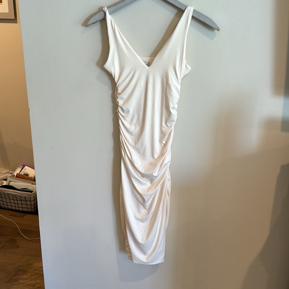 Oh Polly white‎ stretch ruched dress midi six US 4 - Picture 2 of 7